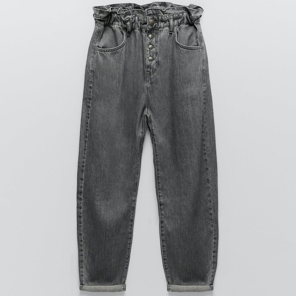 Zara Gray Z1975 Buttoned Paperbag Baggy Jeans